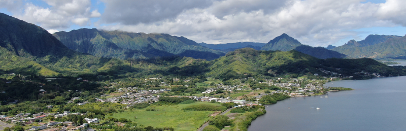 Aerial view of a Hawaii mountain valley and coastline